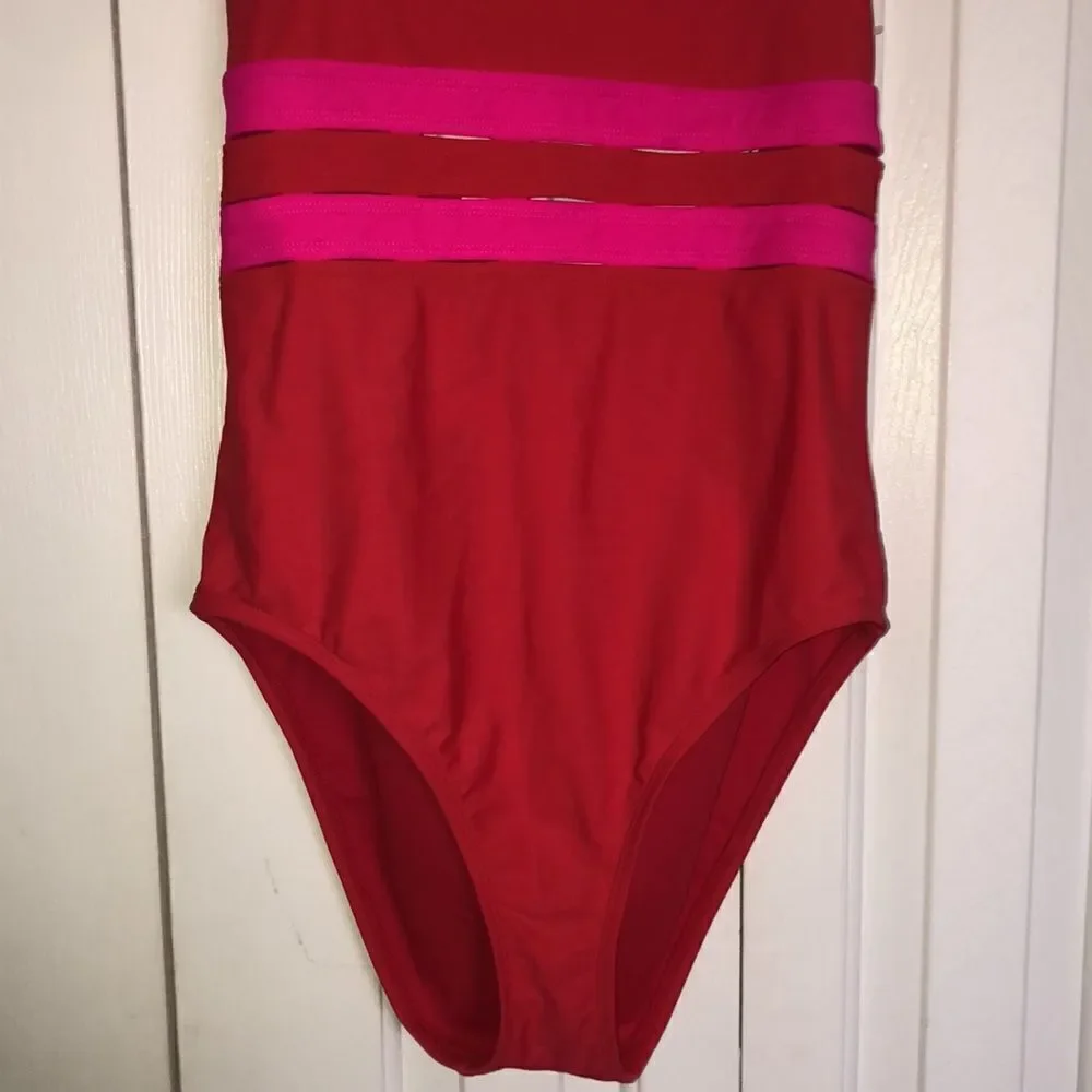 Sunflower XL Cherry Red Pink Stripes Halter One-piece Swimsuit